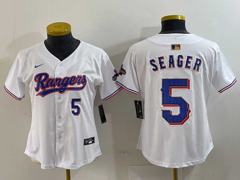 Womens Texas Rangers #5 Corey Seager Number White 2024 Gold Collection Limited Cool Base Jersey
